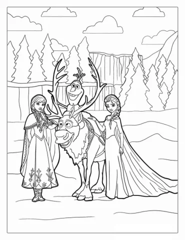Anna, Elsa, Olaf, And Sven Coloring Page