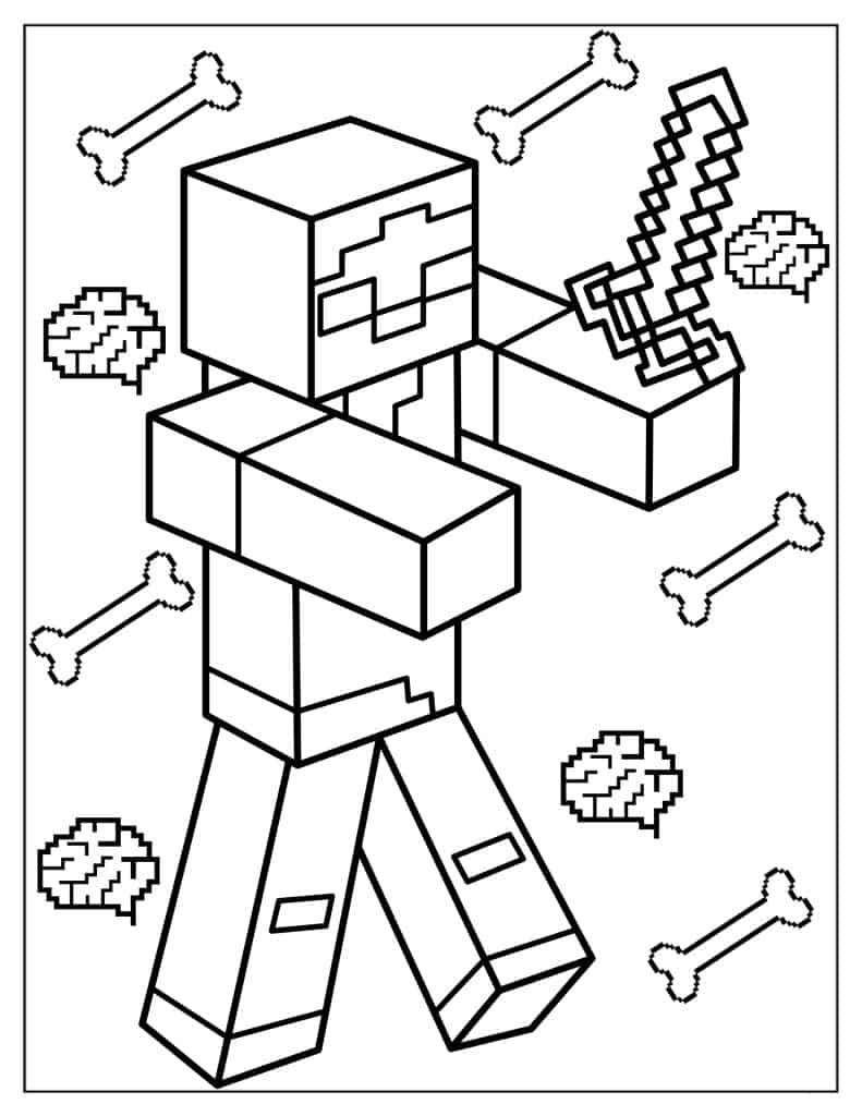 Minecraft Zombie With Brains Coloring Page