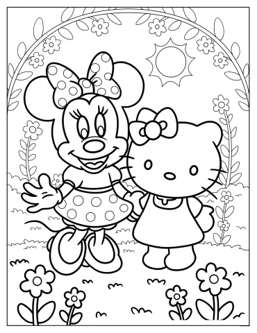 Hello Kitty And Minnie Mouse With Flowers Coloring Page For Kids