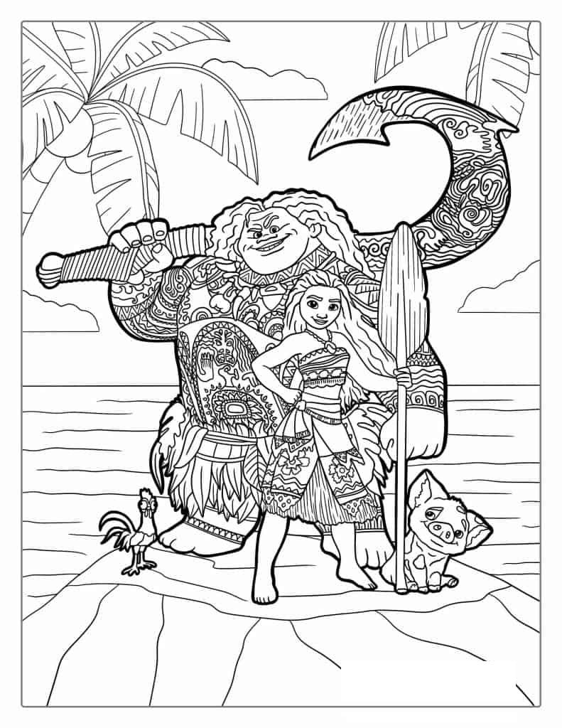 Pau, Hei Hei. Moana. And Maui To Color