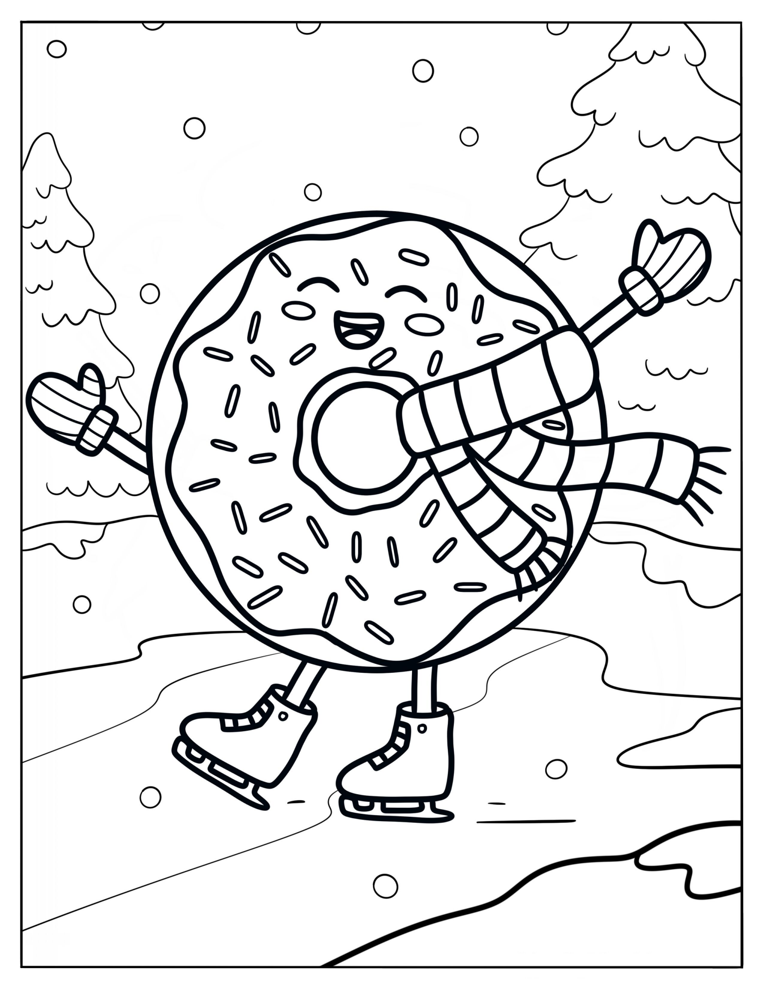 Excited Donut Ice Skating In Winter Coloring Page