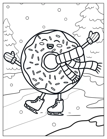 Excited Donut Ice Skating In Winter Coloring Page