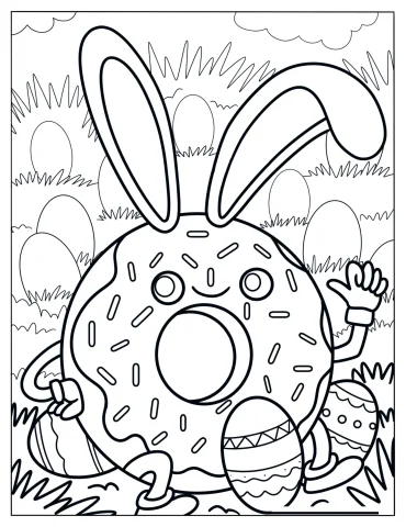 Easter Bunny Donut Surrounded By Eggs Coloring Page