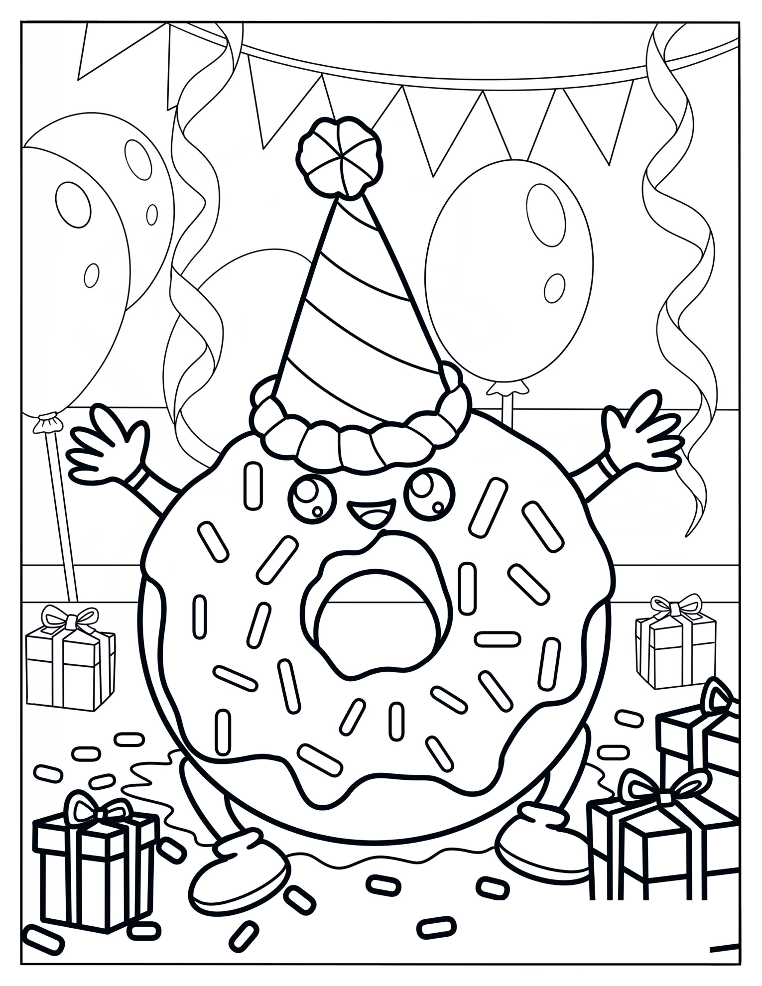 Donut Wearing A Birthday Hat In A Party Coloring Sheet