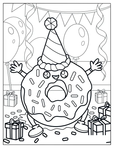Donut Wearing A Birthday Hat In A Party Coloring Sheet