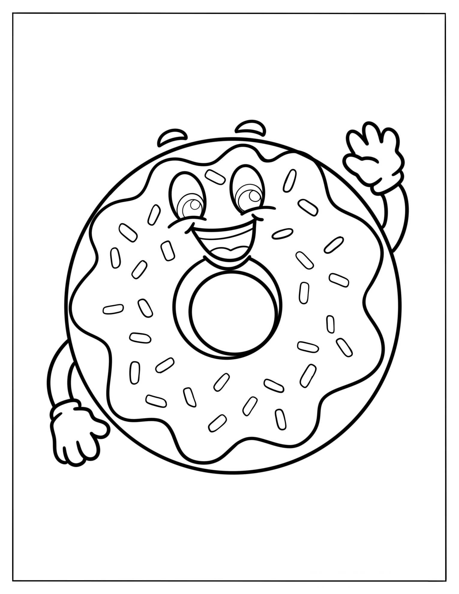 Smiling Cartoon Donut Waving Hand Coloring Page For Kids