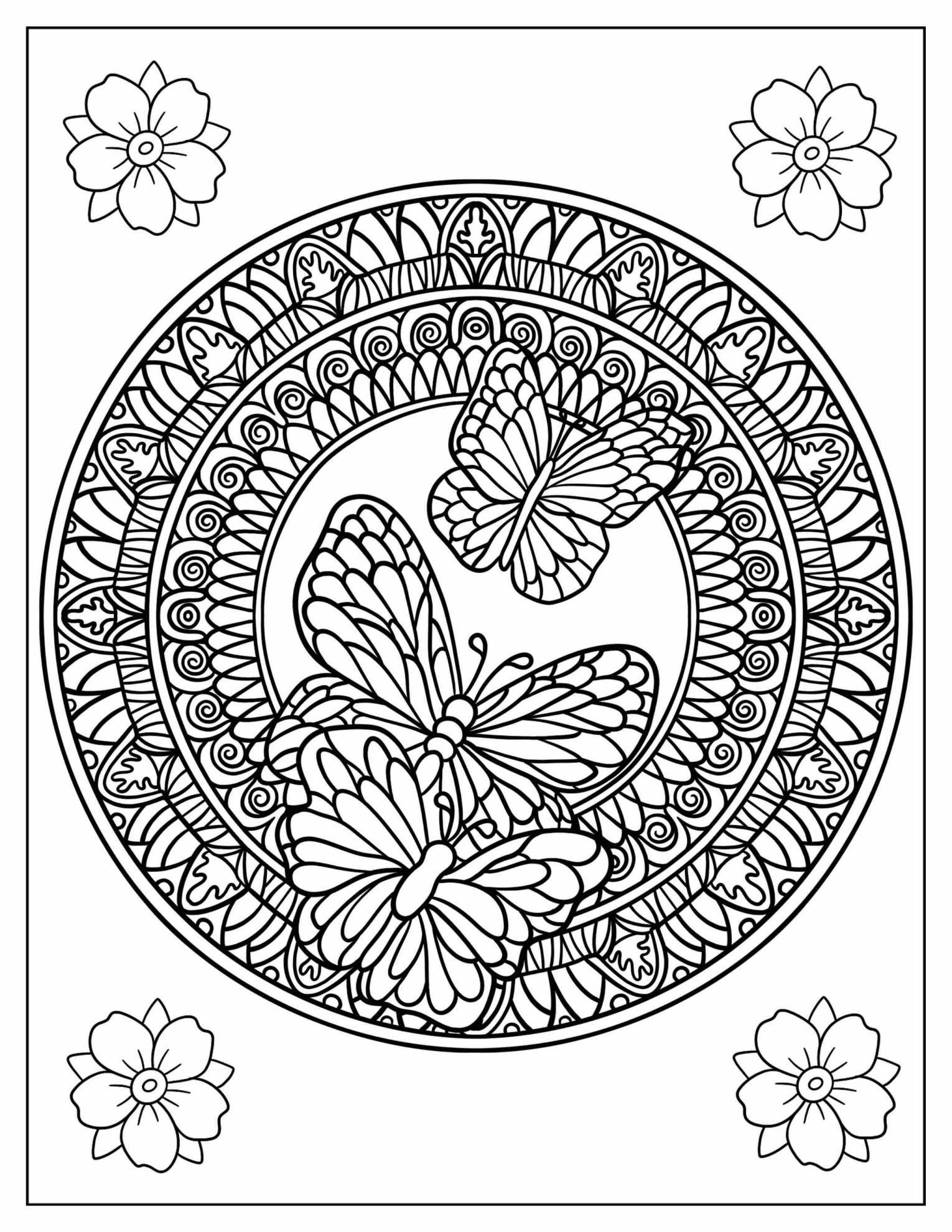 Complex Butterfly And Flower Mandala Coloring Sheet