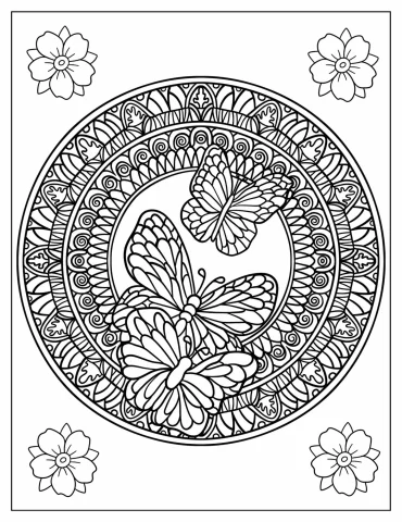 Complex Butterfly And Flower Mandala Coloring Sheet
