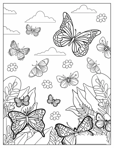 Several Butterflies Enjoying A Flower Field Coloring Page
