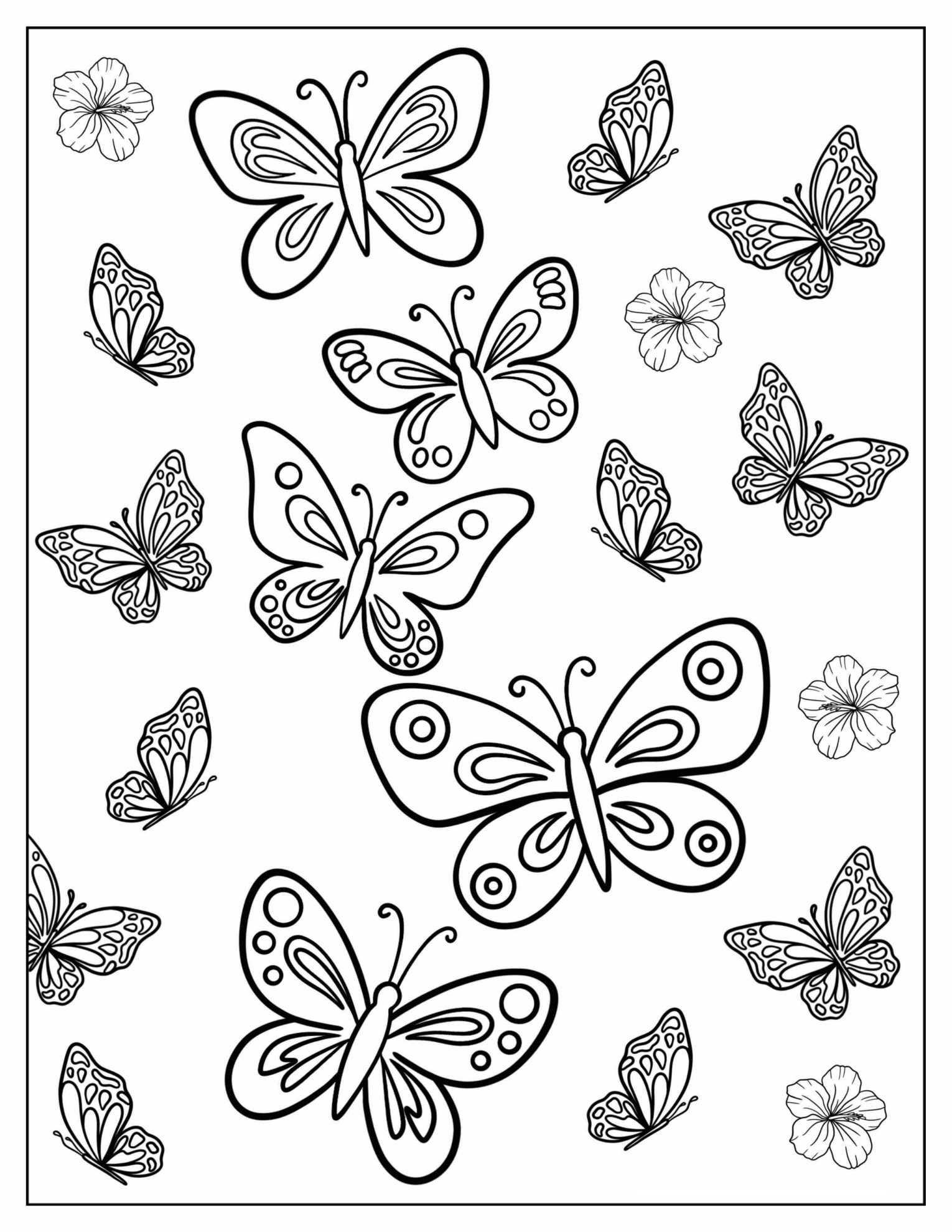 Full Page Butterflies With Flowers Coloring Page