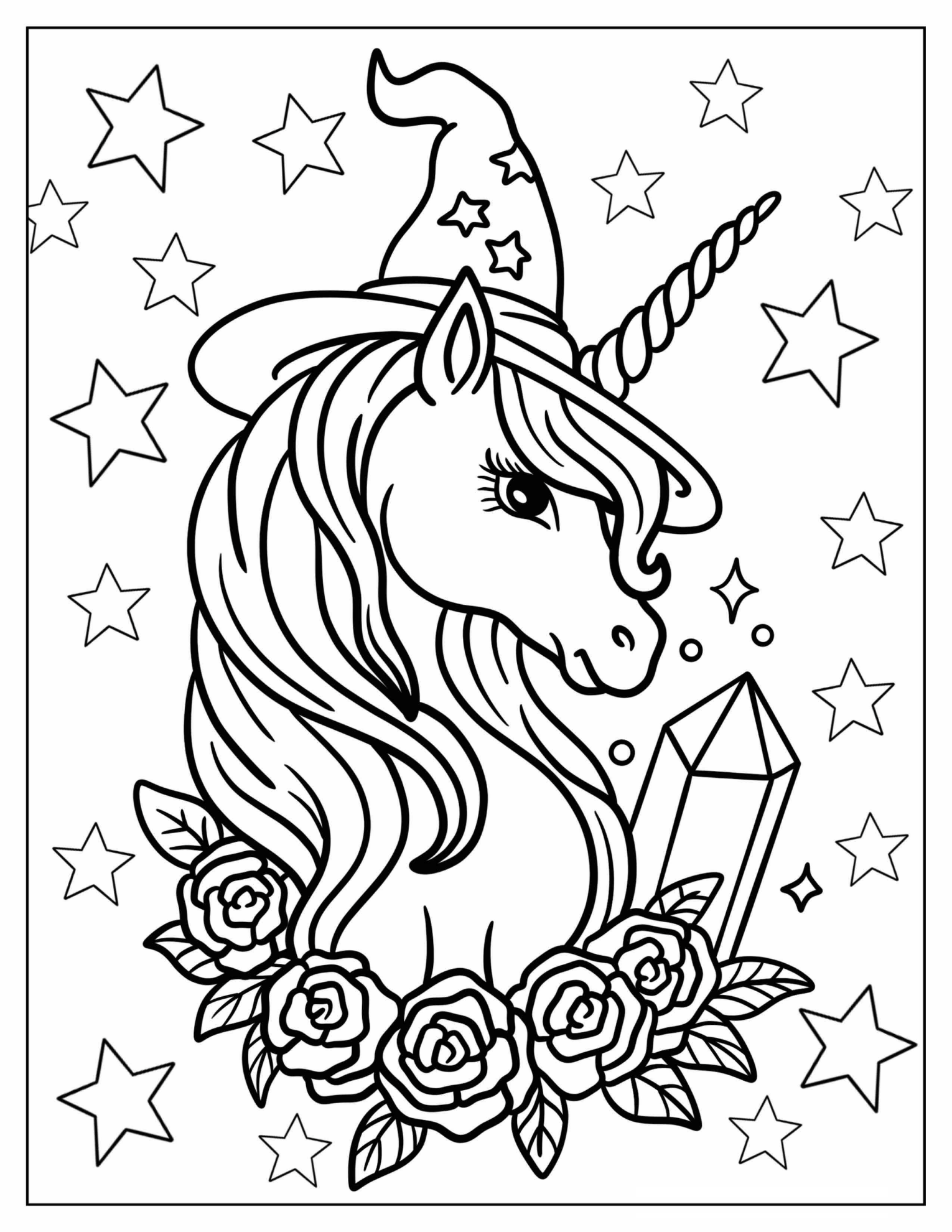 Pretty Unicorn Portrait With Roses, Crystals, And Stars Coloring Page