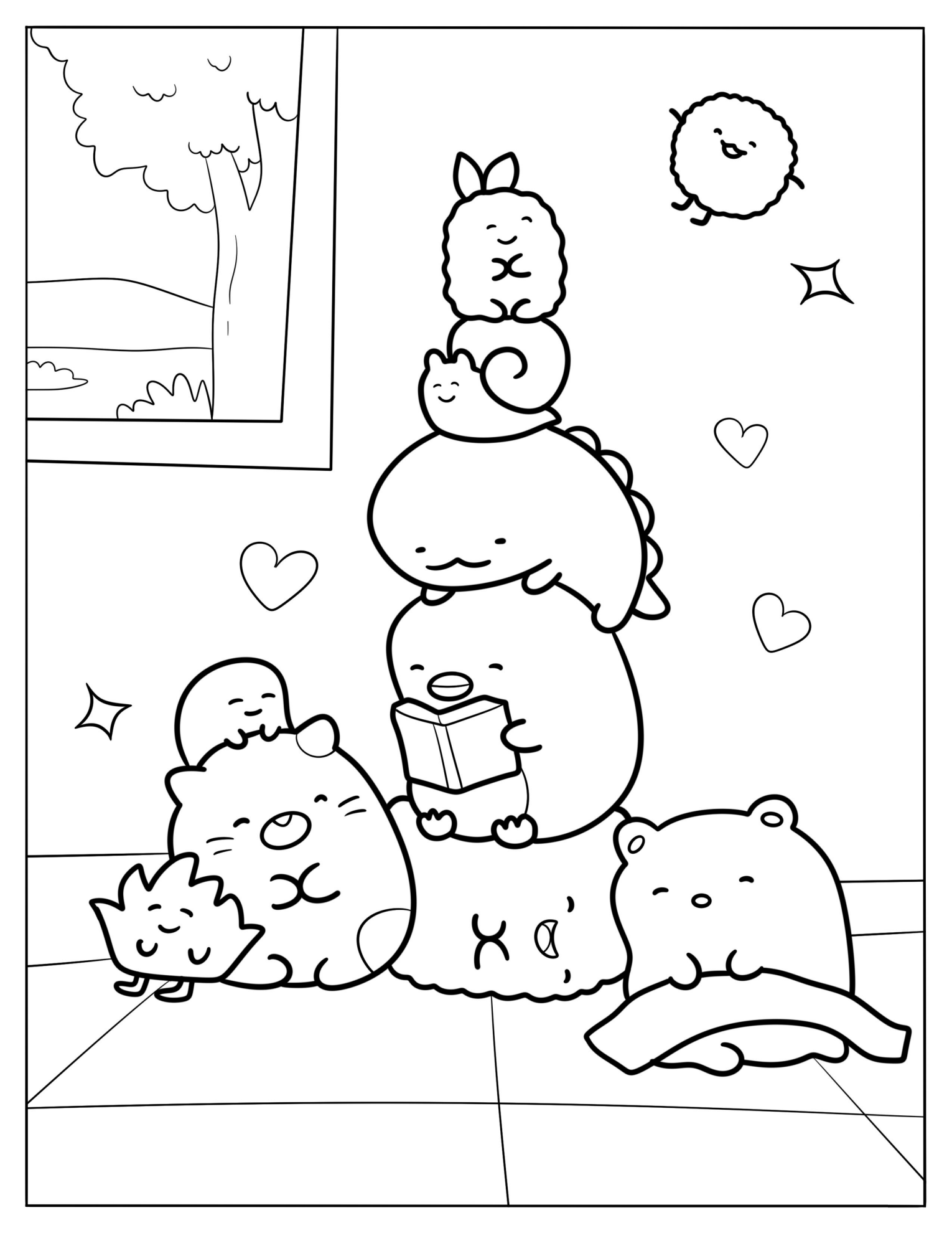 Kawaii Little Animals Resting In A Room Coloring Sheet