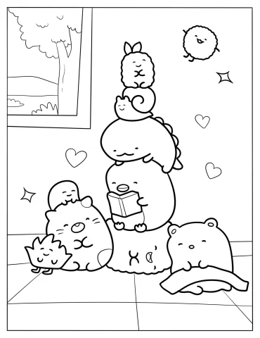 Kawaii Little Animals Resting In A Room Coloring Sheet