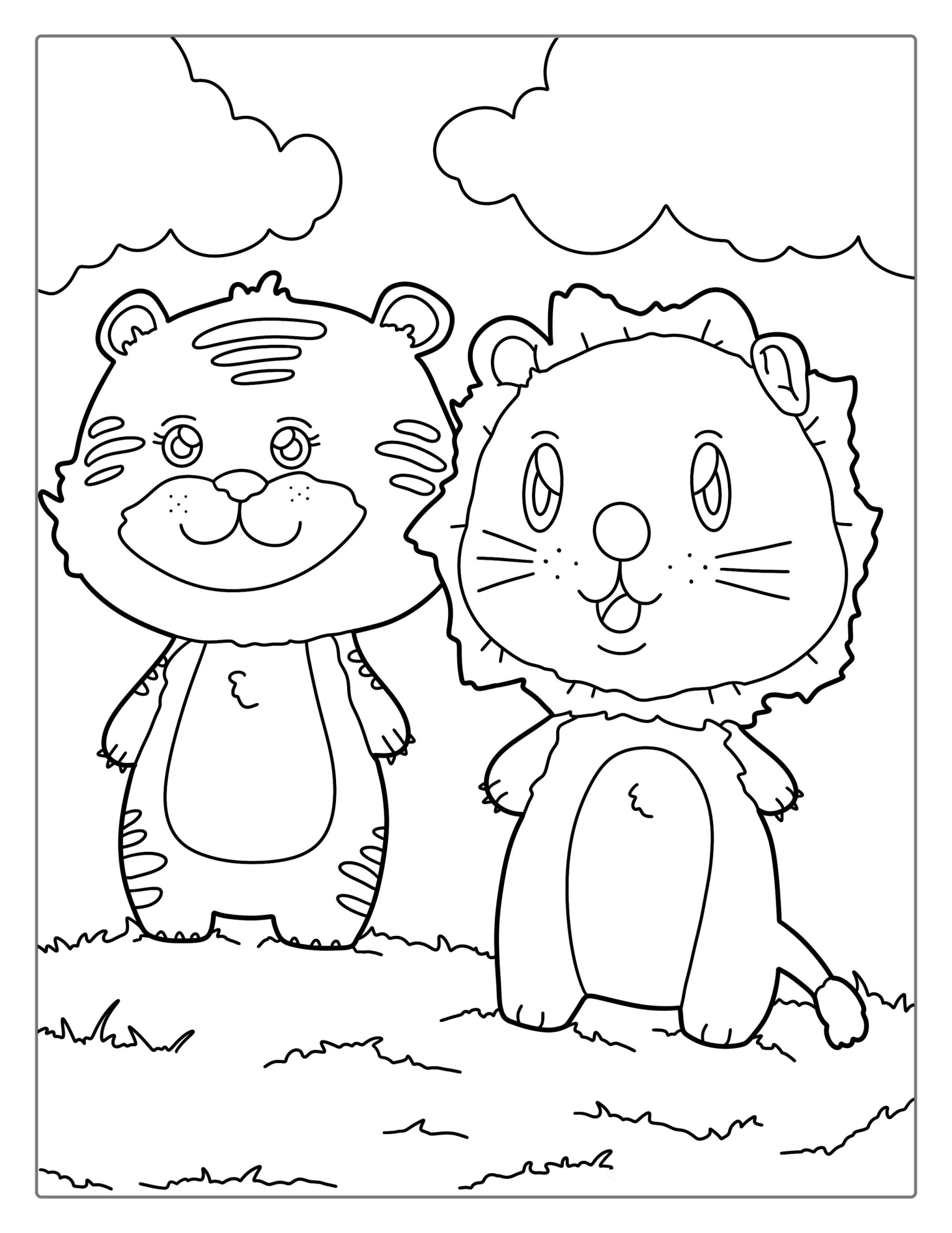 Two Cute Kawaii Tigers Standing On Grass