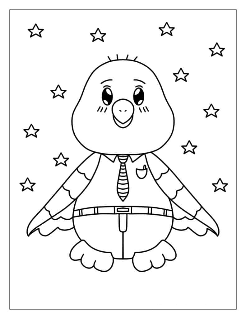 Cute Kawaii Bald Eagle With Stars Coloring In