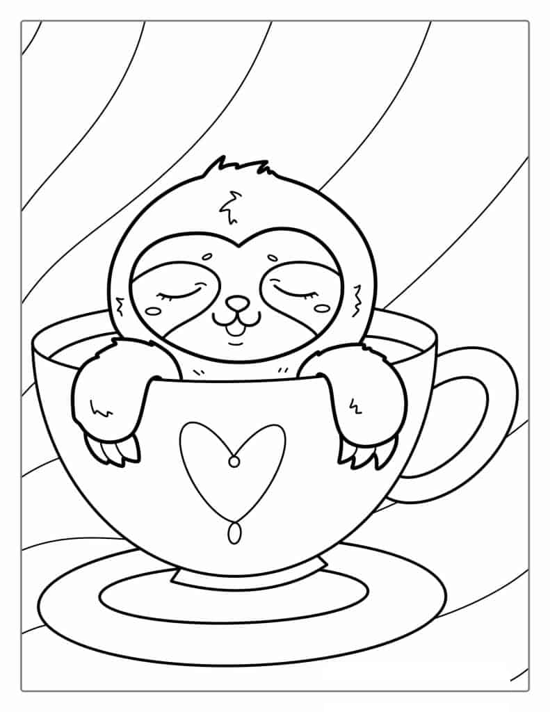 Kawaii Sloth Sitting In Teacup Coloring For Preschoolers
