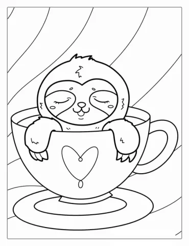 Kawaii Sloth Sitting In Teacup Coloring For Preschoolers