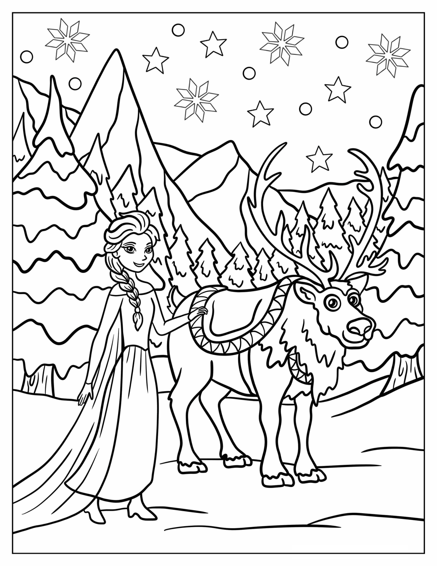 Frozen Elsa and Sven Snowy Landscape Coloring Sheet