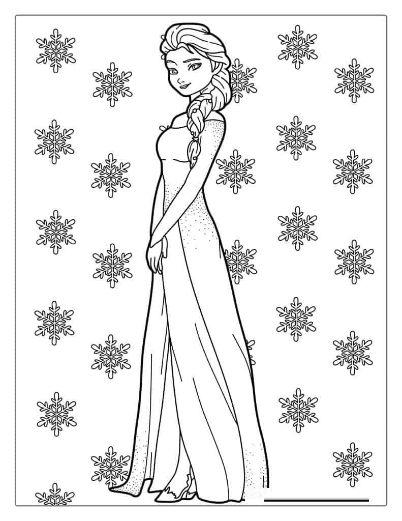 Elsa Stunning Dress With Snowflake Background Coloring Page
