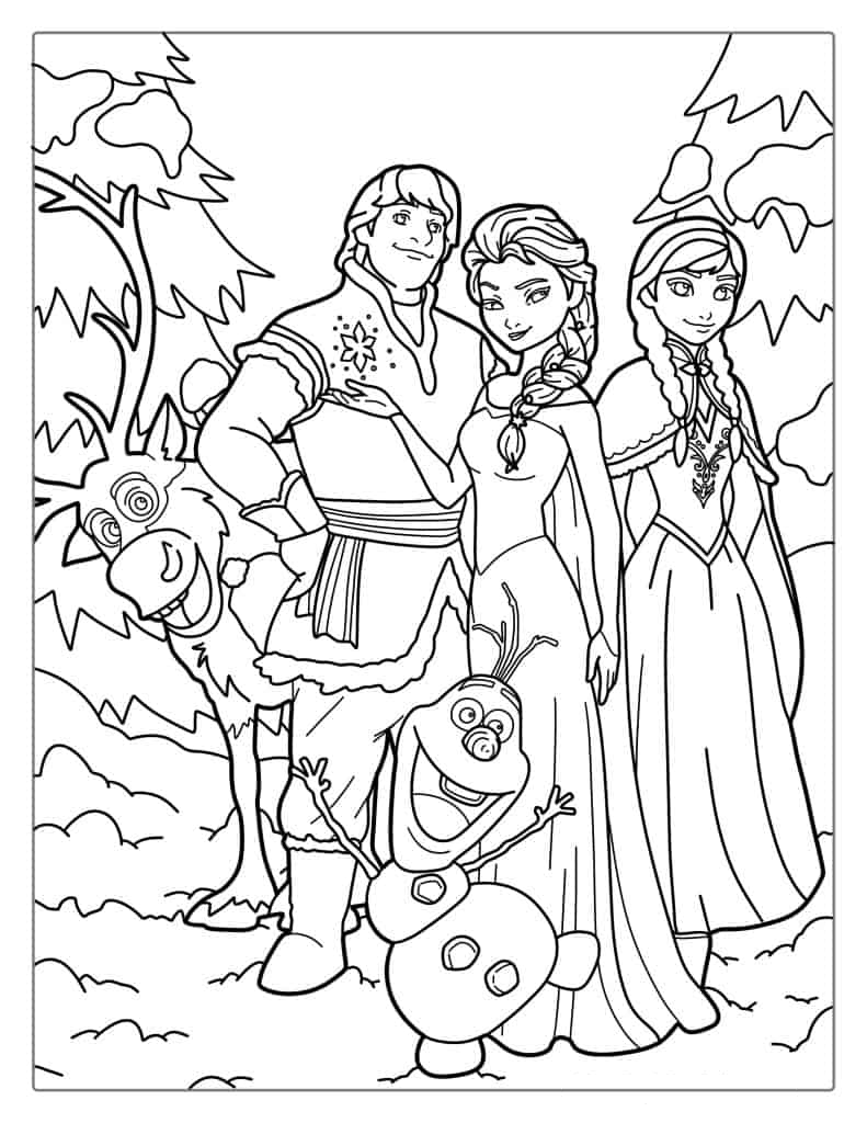 Elsa With Friends From Frozen Coloring Page