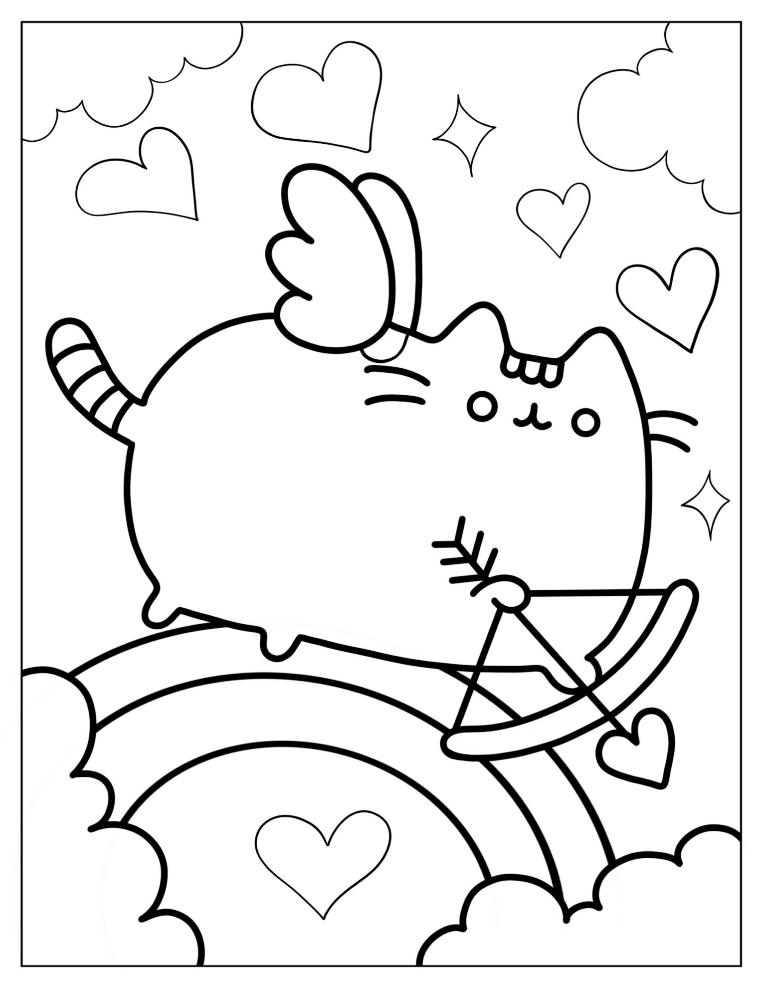 Pusheen Cupid With Bow And Love Hearts To Color