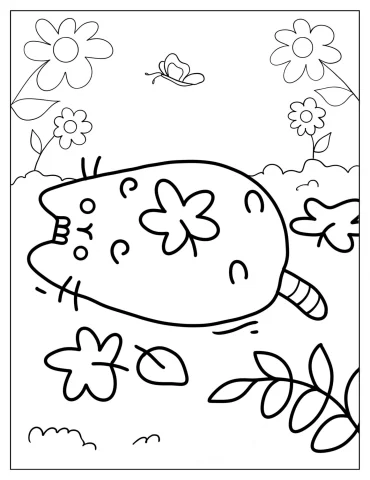 Pusheen Lying In Field With Flowers To Color