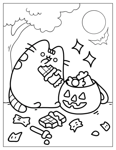 Pusheen With Halloween Candy Coloring Sheet
