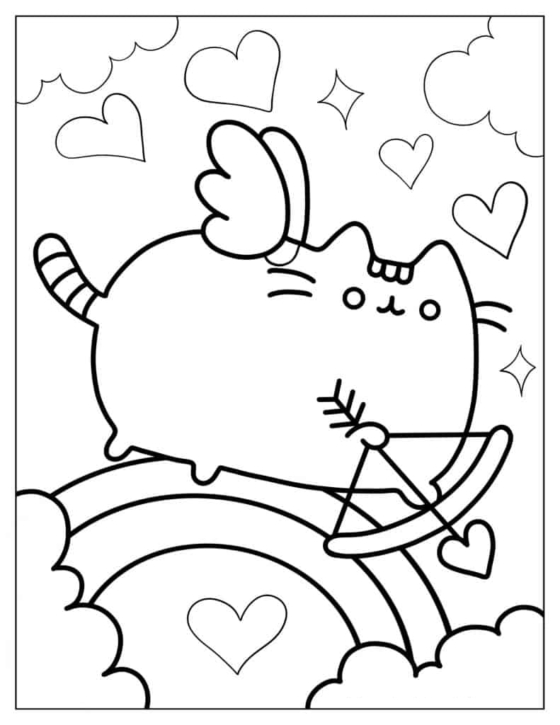 Pusheen Cupid With Bow And Love Hearts To Color