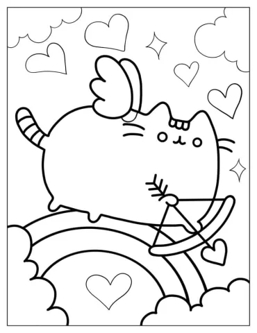 Pusheen Cupid With Bow And Love Hearts To Color