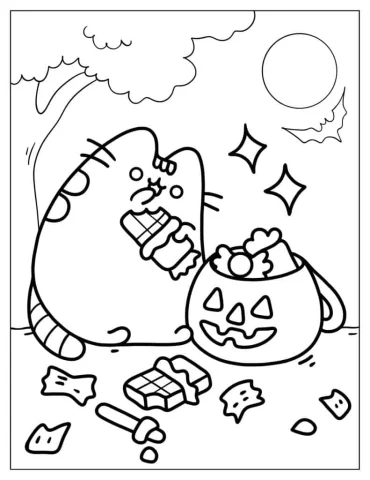 Pusheen With Halloween Candy Coloring Sheet