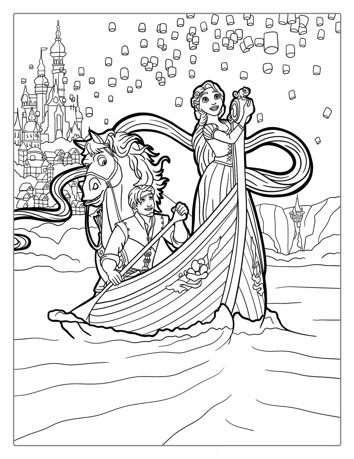 Rapunzel And Eugene In Boat With Lanterns To Color