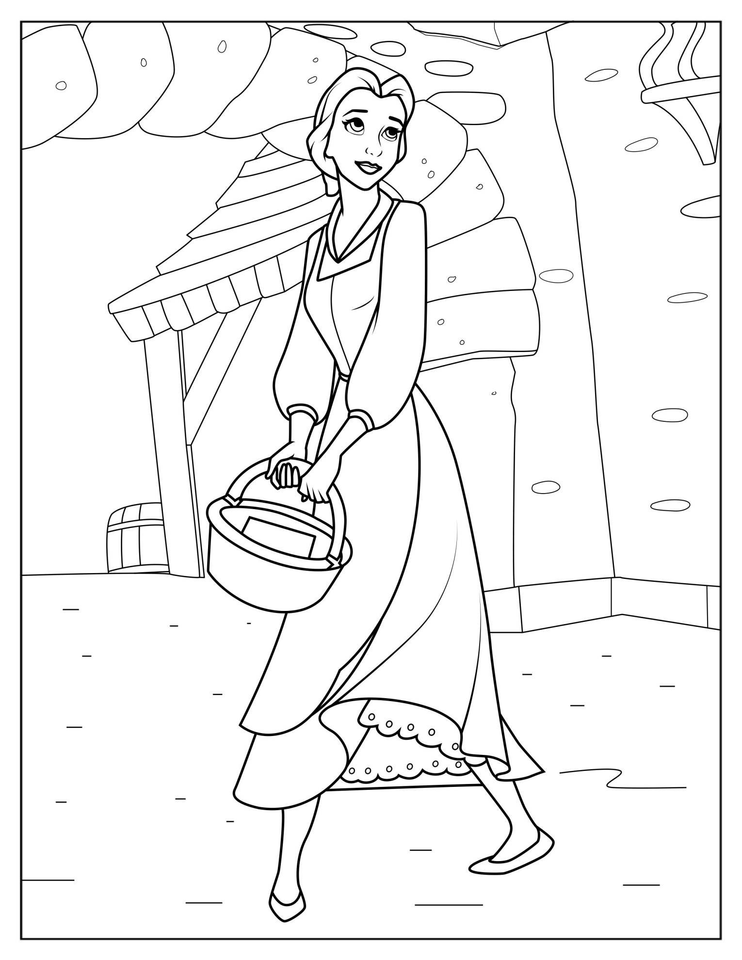 Belle Wearing Blue Dress Walking With Basket