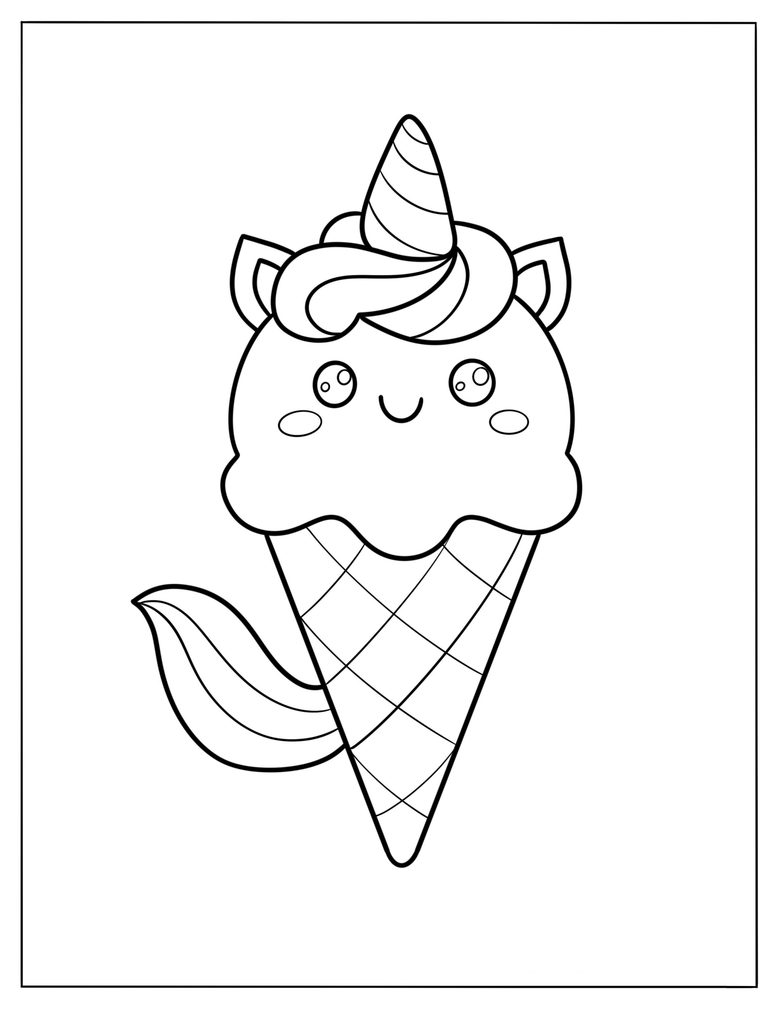 Unicorn Ice Cream Cone With A Tail Coloring Page For Kids