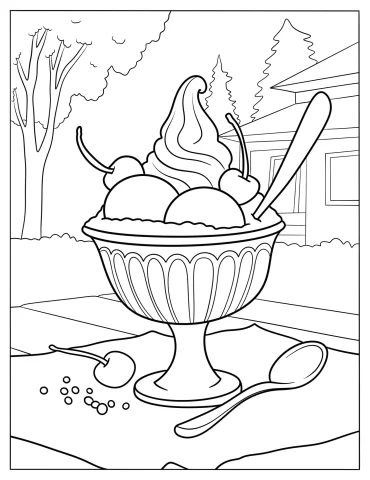 Large Bowl Of Ice Cream Sundae With Cherries Coloring Sheet