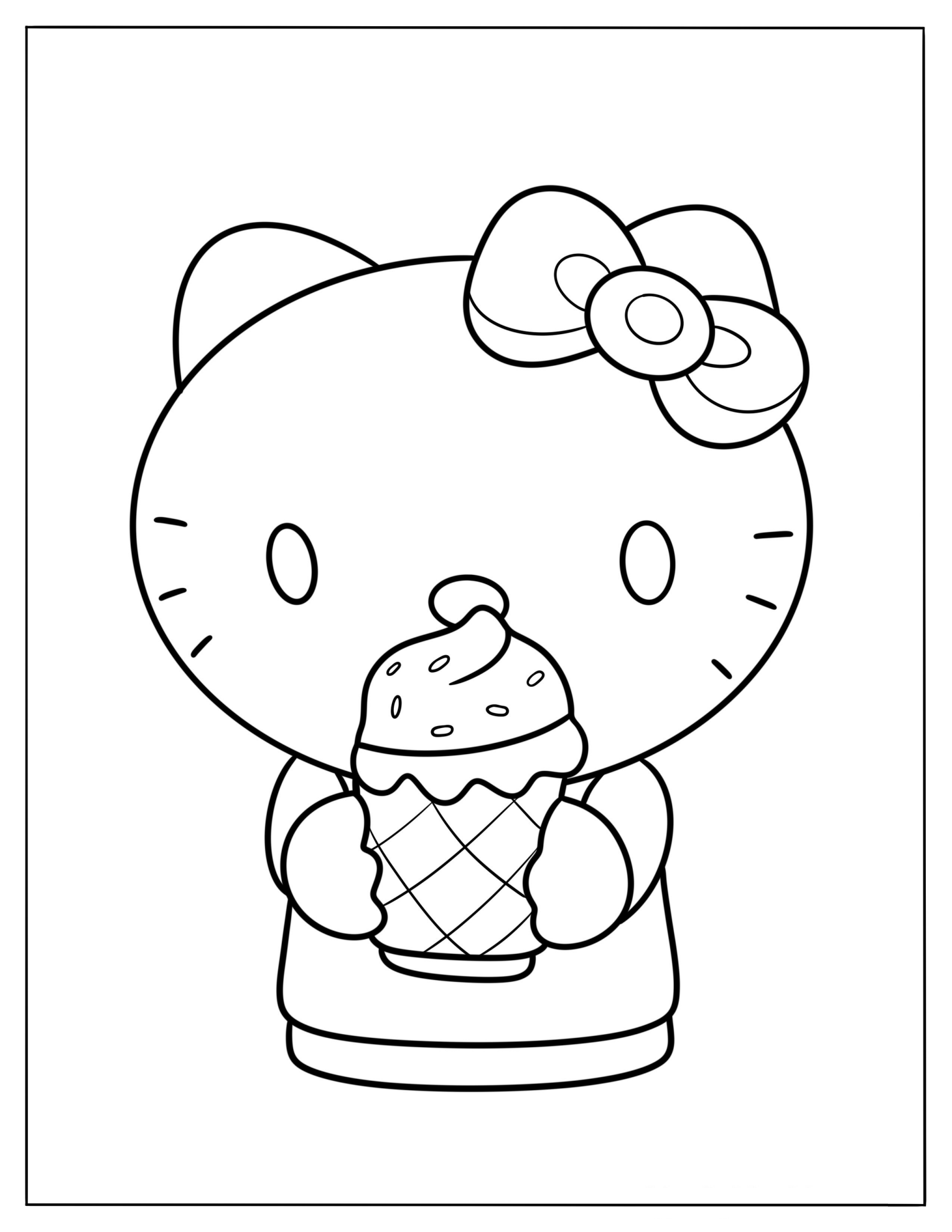 Easy Hello Kitty With A Large Ice Cream Cone Coloring Sheet For Preschoolers