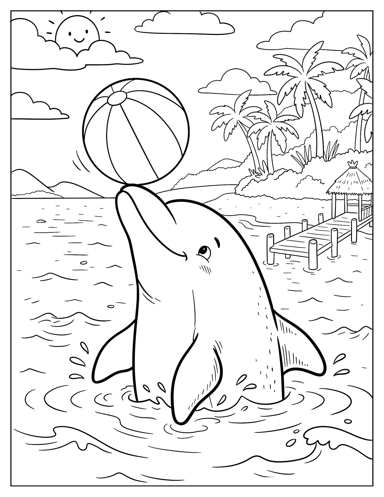 Dolphin Playing with a Beach Ball Coloring Page for Kids