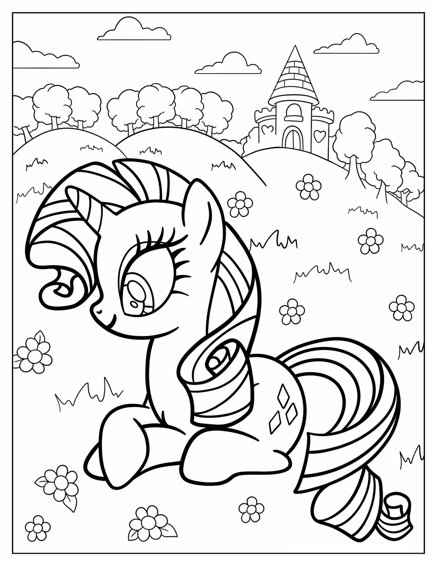 Cute Rarity Coloring Page With Castle In Background