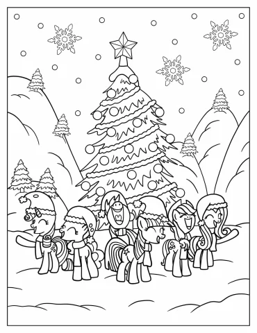 Coloring Page of My Little Pony In Front Of Christmas Tree
