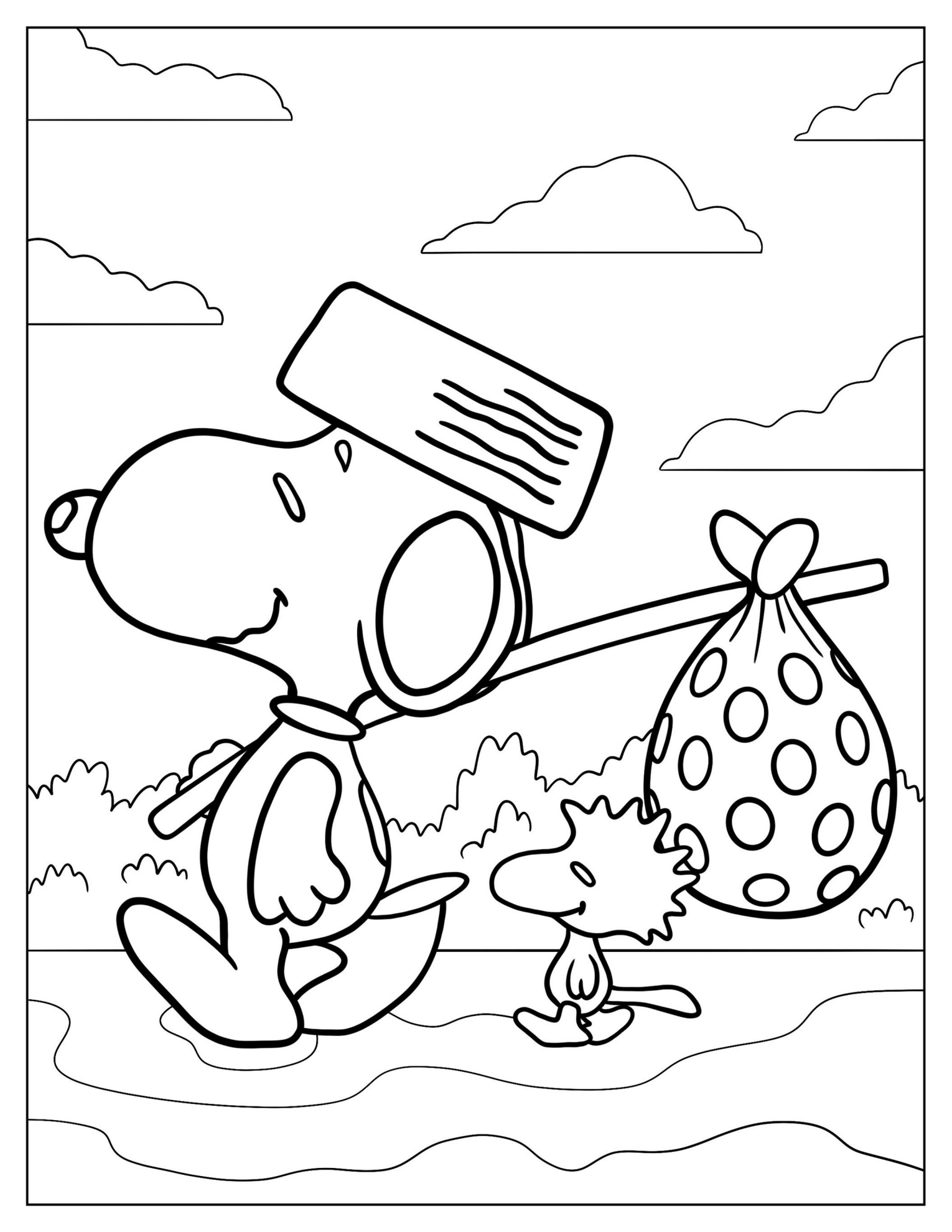 Snoopy Walking With a Knapsack To Color