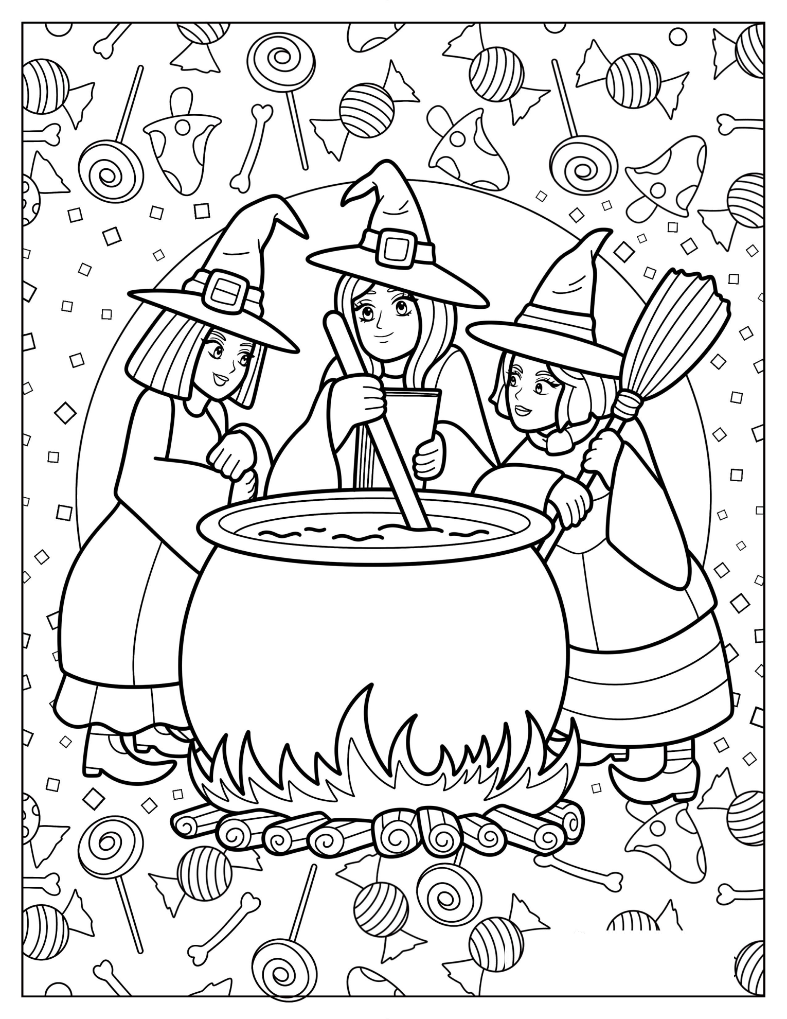 Three Anime Witch Surrounding A Cauldron Coloring Page