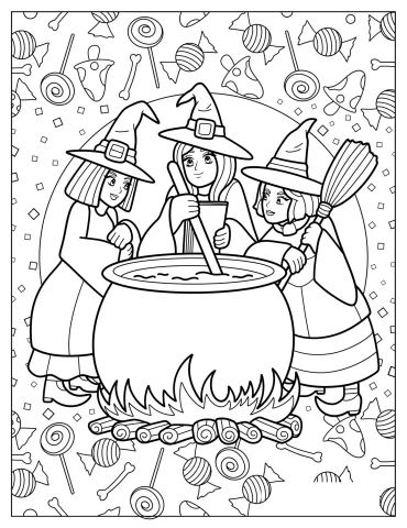 Three Anime Witch Surrounding A Cauldron Coloring Page