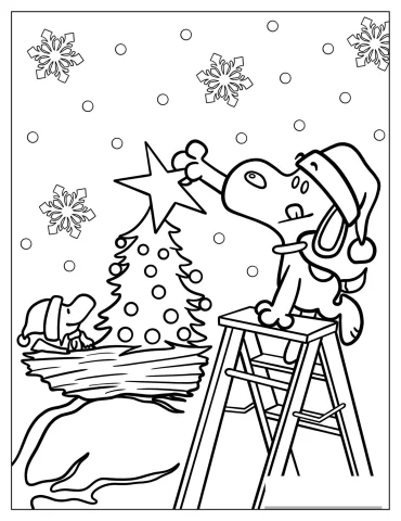 Snoopy And Woodstock Decorating Christmas Tree To Color