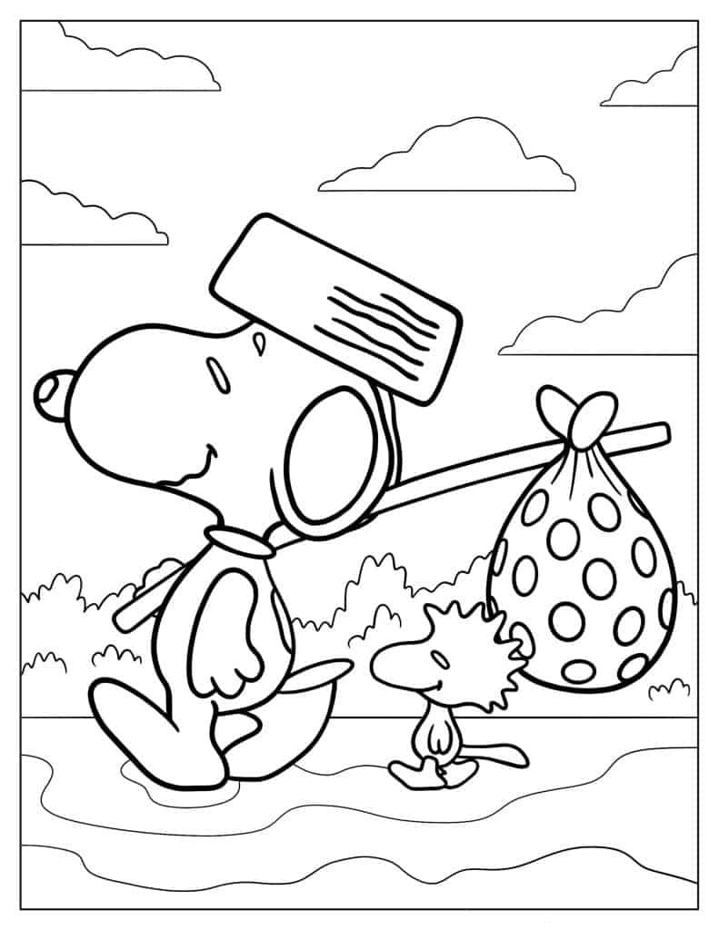 Snoopy Walking With a Knapsack To Color