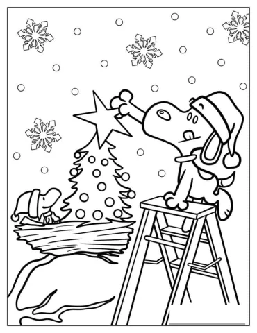 Snoopy And Woodstock Decorating Christmas Tree To Color
