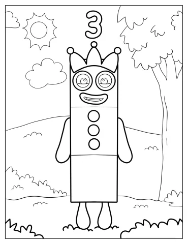 Numberblocks 3 Wearing Crown Coloring Page