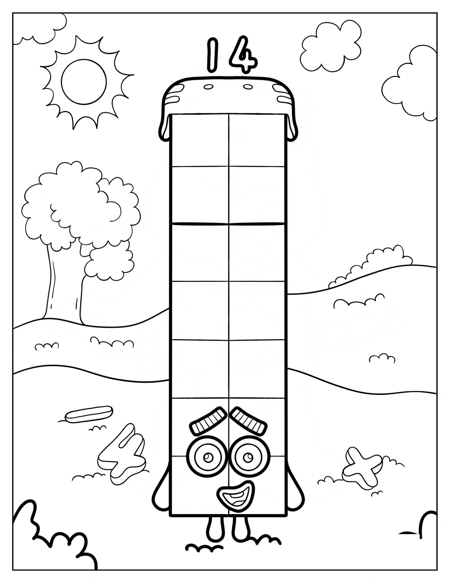 Numberblocks 14 Outdoor Wearing Helmet Coloring Sheet
