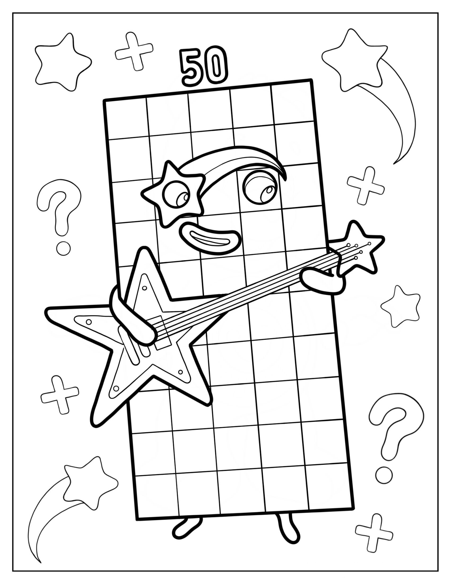 Numberblocks 50 Playing Guitar Coloring Page