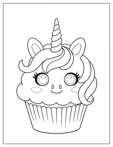 Adorable Unicorn Cupcake with Horn and Cute Face Coloring Page for Preschoolers