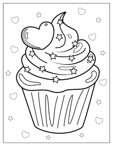 Cupcake With Stars And Love Heart To Color