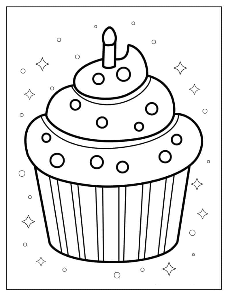 Cupcake With Birthday Candle To Color